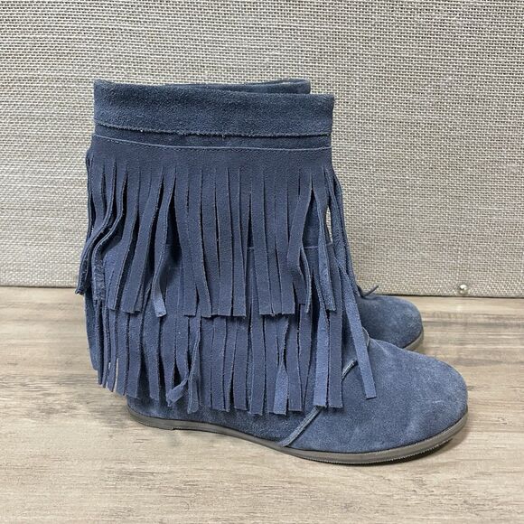 KLING Womens Blue Suede Fringe Hidden Wedge Ankle Bootie Size 7.5 US 38 EU - Picture 1 of 13
